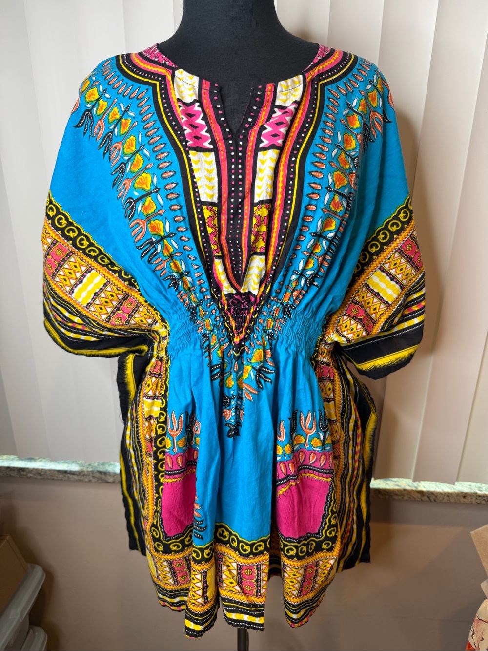 Jessica Taylor Vibrant Turquoise Boho V-Neck Tunic Hippie Retro Top Size Medium - Picture 2 of 8